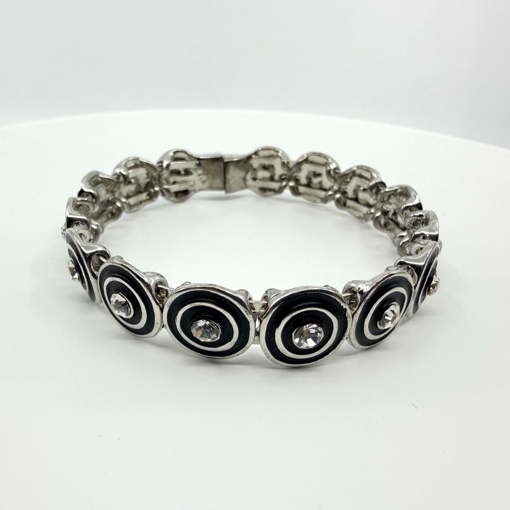 Vintage Retro Silver Tone Black Enamel Concentric Circle Rhinestone Bracelet